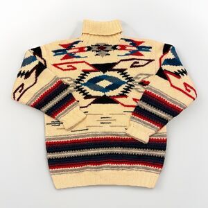 Vintage RALPH LAUREN Sweater Hand Knit Southwest Wool Turtleneck Fair Isle, Med